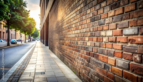 Urban brick wall and street scene with trees and cars.