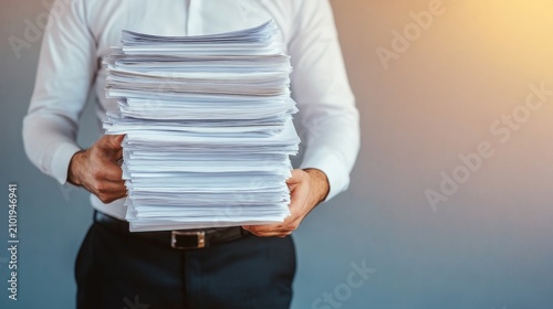 Mid-shot of a businessman in a crisp white shirt holding a massive, overflowing stack of white documents against a neutral grey background, corporate workload, business administration,