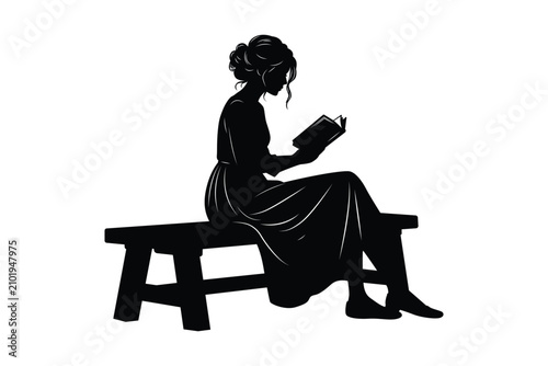 Silhouette of a girl reading a book while sitting on a bench, isolated on transparent background.