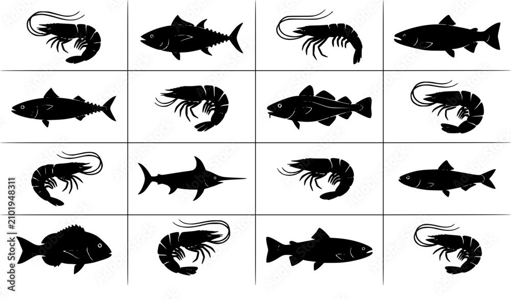 Obraz premium Shrimp and fish black silhouette collection seafood vector illustration isolated on white background