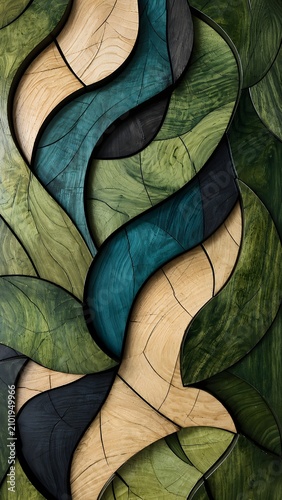 Abstract Wood Mosaic With Green and Teal Curves and Organic Leaf Pattern for Decorative Design, Mobile Wallpaper and Nature-Inspired Background