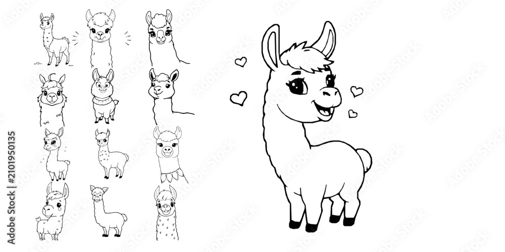 Fototapeta premium Smiling Cartoon Llama Coloring Page