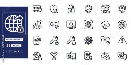Internet Security and Cyber Protection outline icon set. Containing firewall, VPN, encryption, phishing, fingerprint login, and password key lock. Vector illustration, outline style.