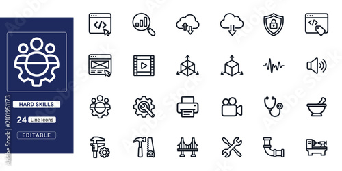 Hard Skills and Technical Expertise outline icon set. Containing coding, engineering tools, cloud computing, medical stethoscope, and carpentry saw. Vector illustration, outline style.