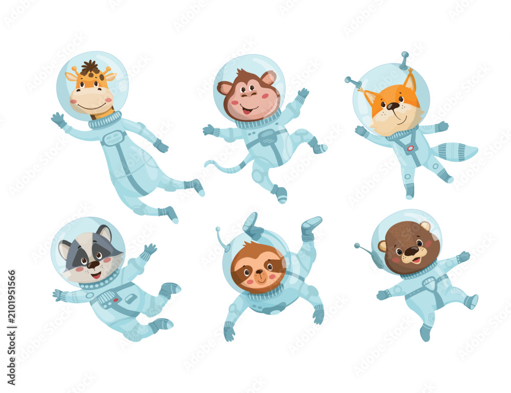 Obraz premium Cartoon vector illustration of a set of cute animals wearing space suits and helmets, floating isolated on white background.