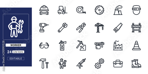 Konstfotografi Construction Worker and Industrial Tools outline icon set