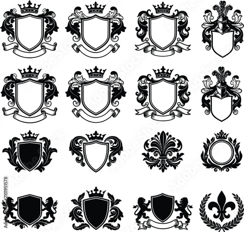 Coat of arms crests vector set, vintage heraldic shield frames, royal crowns, knight helmet, lion supporters, ribbon banners, black line art