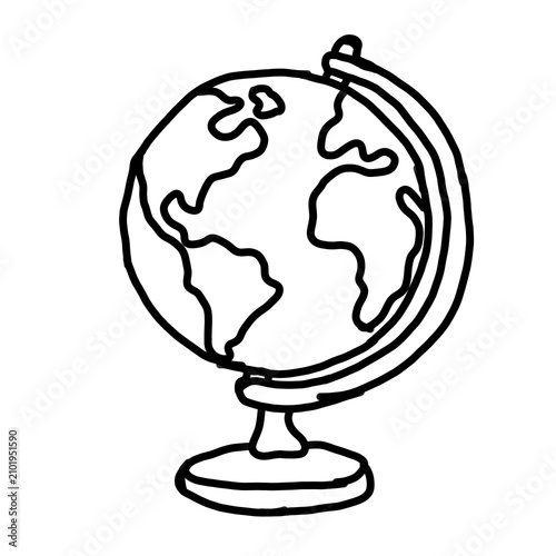 Hand drawn globe icon, classroom globe illustration, geography education symbol, simple doodle globe on stand, bold black outline, monochrome line art, minimal design, isolated on white background,