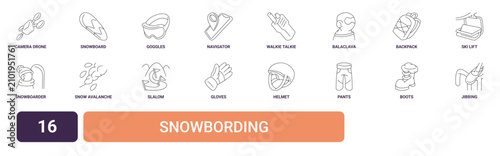 Billede på lærred Set of 16 outline web Snowbording icons such as jibbing, boots, pants, helmet, g