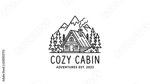 Cozy cabin adventures logo illustration.