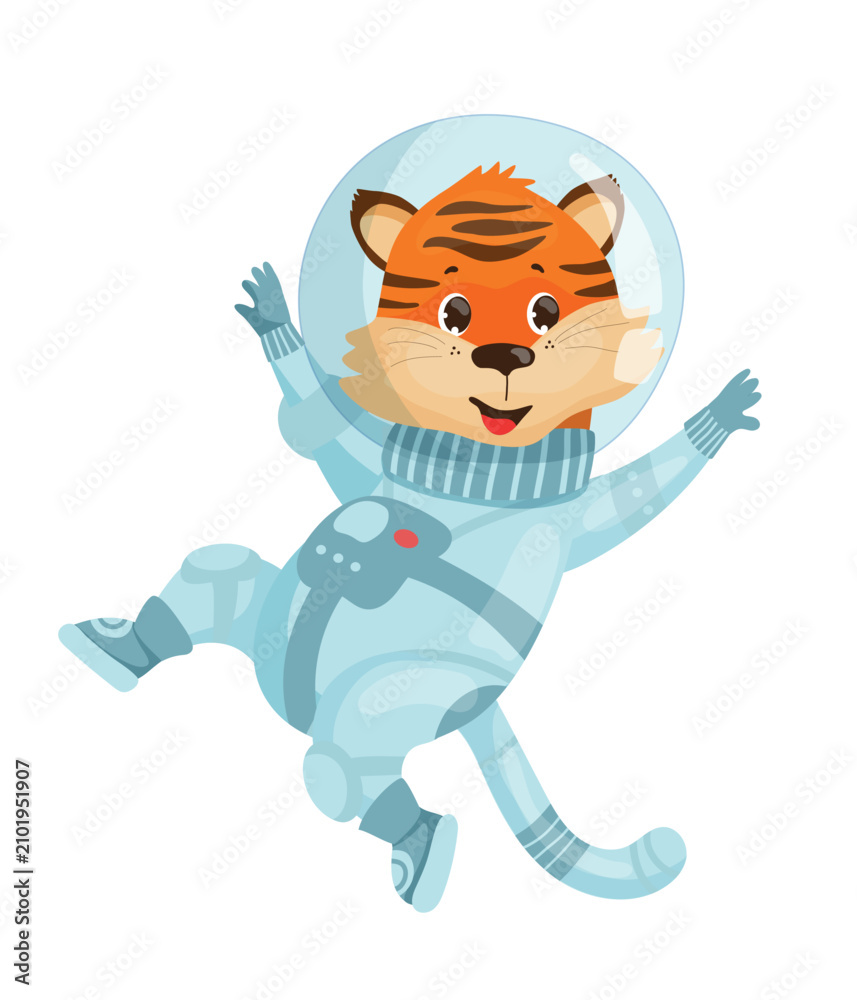 Obraz premium Cartoon vector illustration of a happy little tiger wearing a space suit and helmet, floating isolated on white background.