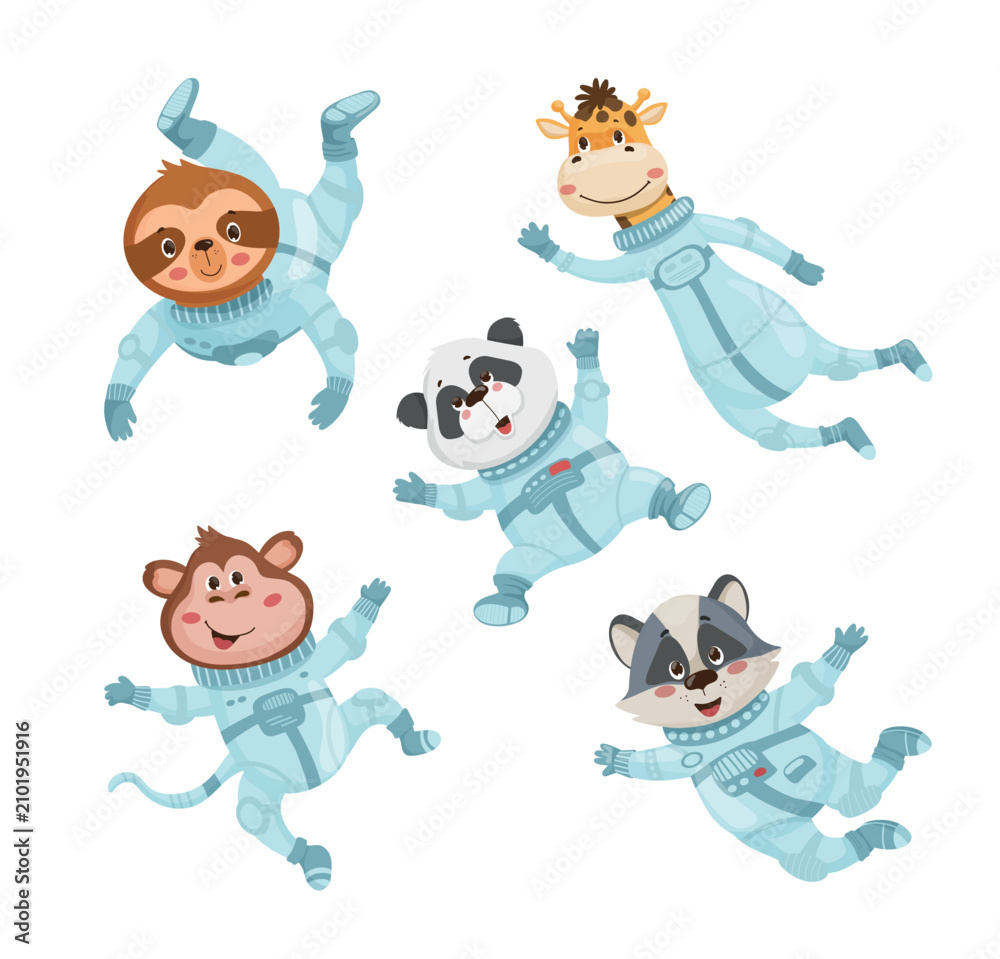 Fototapeta premium Cartoon vector illustration of five cute animals wearing space suits and helmets, floating isolated on white background.