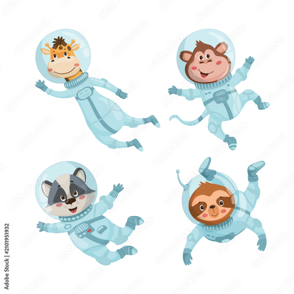 Fototapeta premium Cartoon vector illustration of four cute animals wearing space suits and helmets, floating isolated on white background.