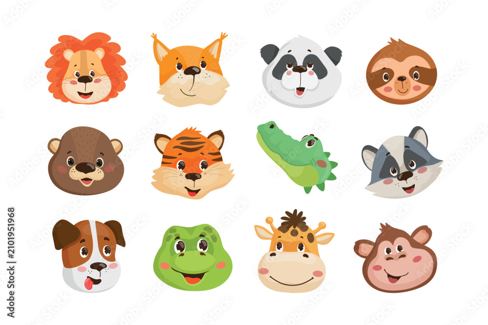 Fototapeta premium Cartoon vector illustration of a large collection with twelve cute animal heads and smiling faces, isolated on white background.