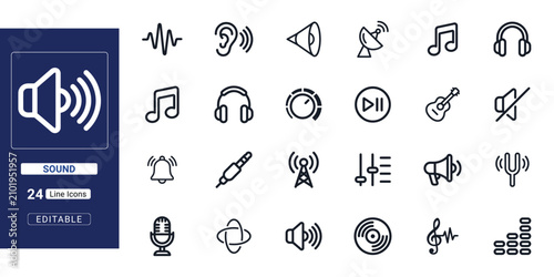 Sound and Audio line editable icon set. Containing speaker, headphones, microphone, music note, volume, podcast, equalizer, and more. Vector illustration.