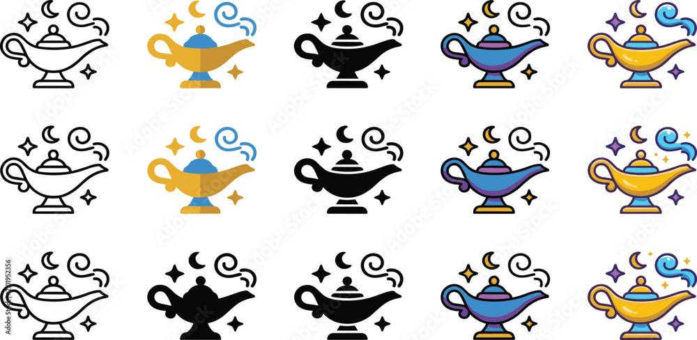 Obraz premium Magic Lamp Icon Collection with Genie Lantern Symbols in Outline, Silhouette, Flat, and Colorful Fantasy Design Styles