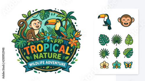 Canvas Print Monkey and Toucan in Tropical Jungle Circle