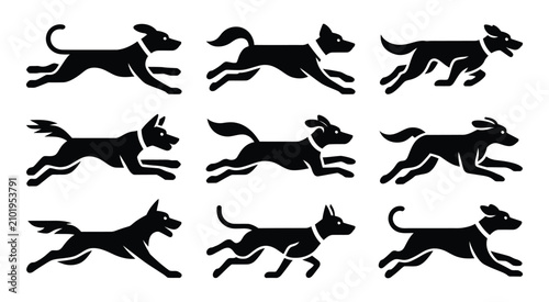 Running dog silhouette vector set icon collection fast pet animal