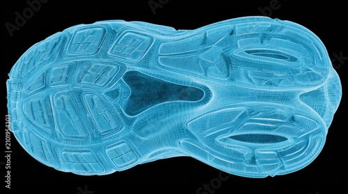 Transparent blue x-ray view of athletic shoe sole with detailed tread patterns and contours