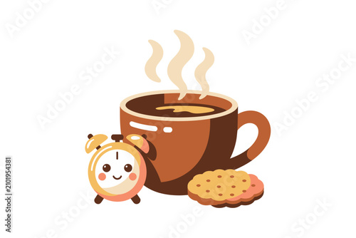 Cute cartoon vector illustration of a steaming brown coffee mug next to a happy smiling alarm clock and a crunchy circular biscuit for morning energy