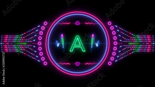 Sci-fi inspired glowing neon design showing data flow and pulse signals around letter A. Concept of artificial intelligence, communication, and digital transformation.