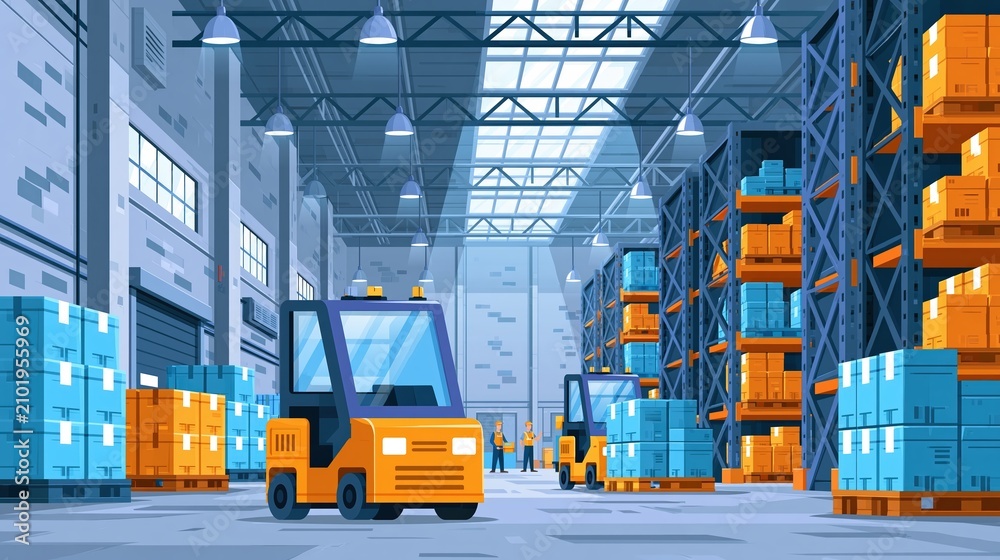 Naklejka premium Palletized goods moving into tall warehouse racks with workers and forklifts under skylight