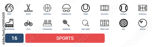 Foto Set of 16 outline web Sports icons such as bowling, golf, tennis court, table te