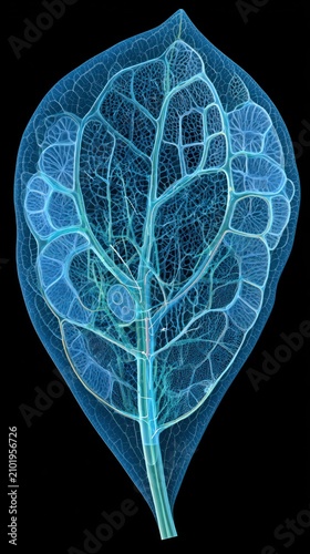 Transparent leaf illustration showcasing intricate vein structure on black background