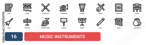 Fotografía Set of 16 outline web Music Instruments icons such as castanets, chime, flute, c
