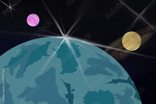 Cuadro en lienzo planet Earth in space in cartoon style, showing a view of Earth from outer space with two additional smaller celestial bodies and stars