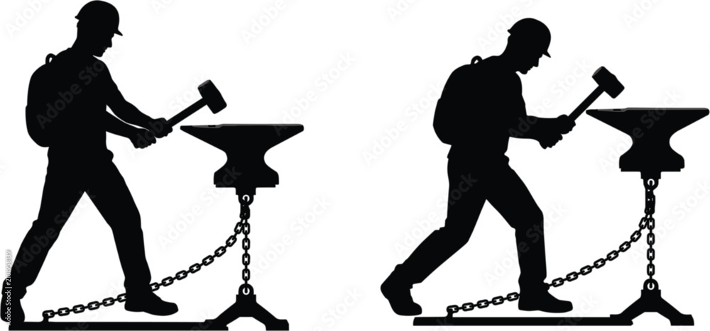 Obraz premium Blacksmith forging on anvil silhouette vector set, metalworking craftsman isolated for industrial workshop design collection illustration