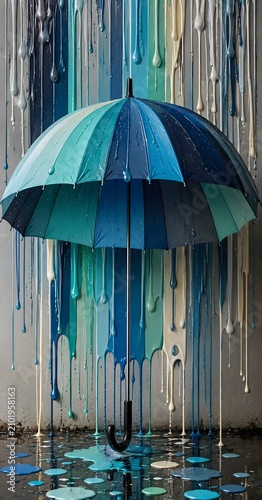 Blue Umbrella With Dripping Paint and Wet Puddle – Abstract Colorful Rain Concept Art for Mobile Wallpaper, Creative Background and Modern Design