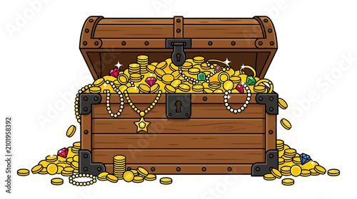 Photography Wooden Treasure Chest Overflowing with Gold Coins and Jewels