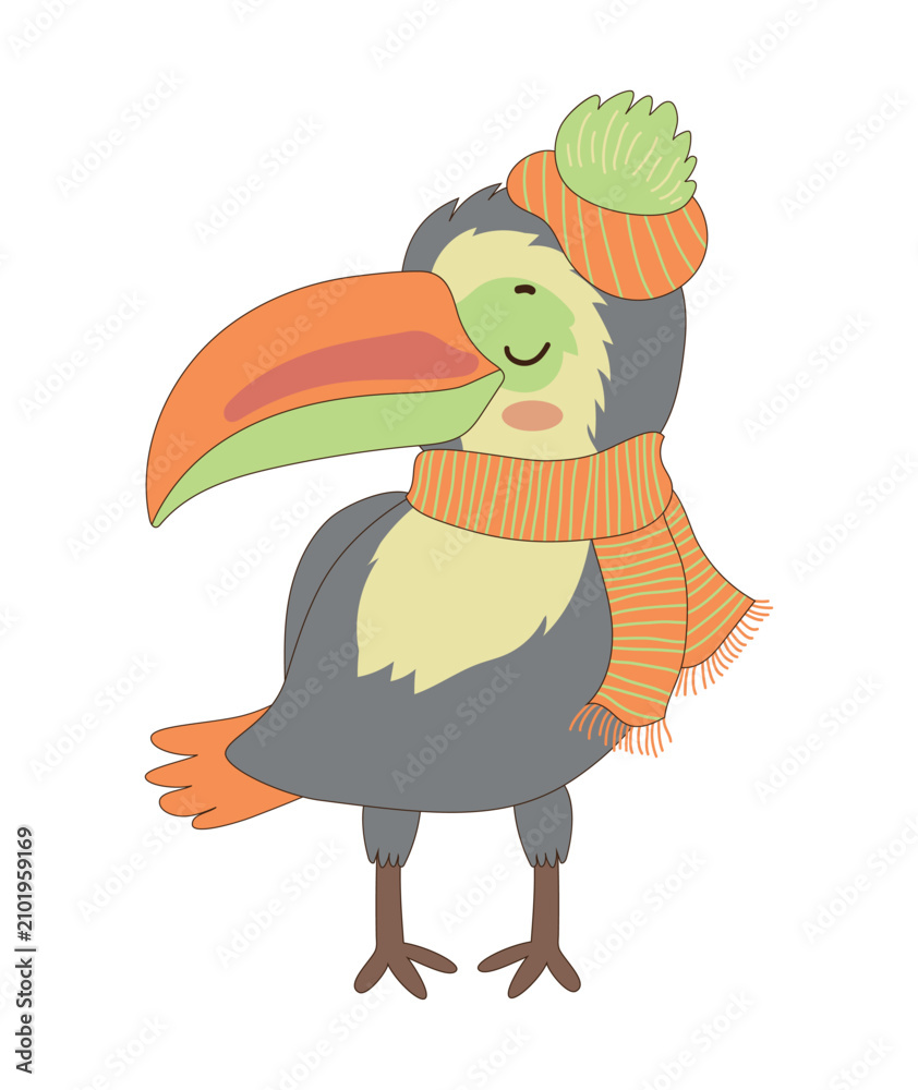 Obraz premium Cartoon vector illustration of a cute toucan wearing an orange striped winter hat and scarf, isolated on a white background.