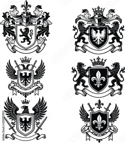 Coat of arms vector set, heraldic crest shields with rampant lion, royal eagles, fleur de lis, crown, knight helmet, lion supporters, swords