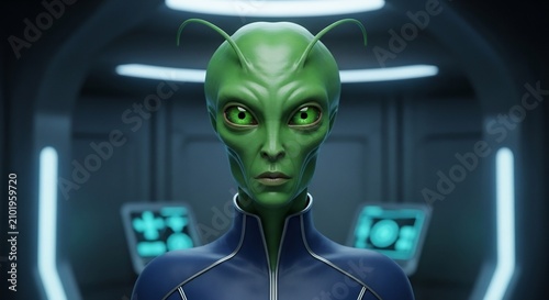 Green alien character in a futuristic spaceship command center.