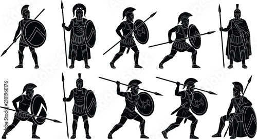 Bild auf Leinwand Ancient spartan warrior silhouette set featuring greek soldiers with spears shie