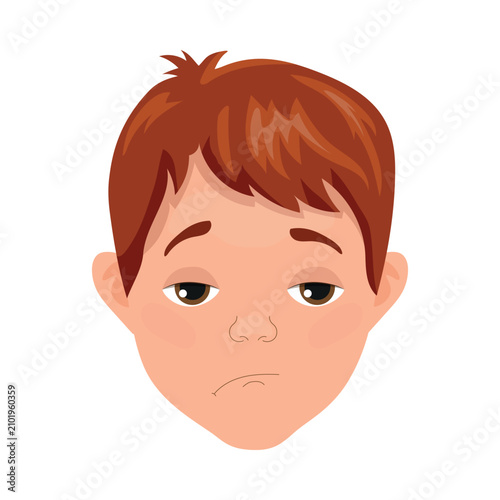 Cartoon vector illustration of a little boy's face with a sad, unhappy expression, droopy eyes and a slight pout. Isolated on a white background.