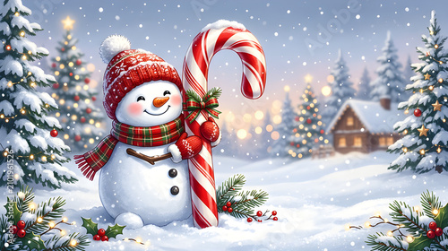 Cute Christmas snowman hugging a giant candy cane, smiling face, red mittens, festive winter outfit, adorable holiday illustration, clean composition, copy space, commercial stock illustration,