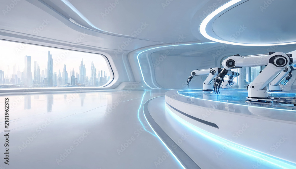 Obraz premium Advanced robotic arms in futuristic high tech corporate research facility with robotics futuristic technology laboratory research automation corporate architecture interior advanced