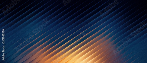 Fotografie Ribbed abstract background with diagonal lines and glowing golden light, dark bl