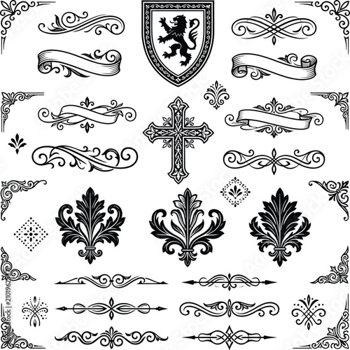 Heraldic ornaments vector set, rampant lion shield coat of arms, ornamental christian cross, filigree scroll dividers, acanthus fleur de lis, corner frame