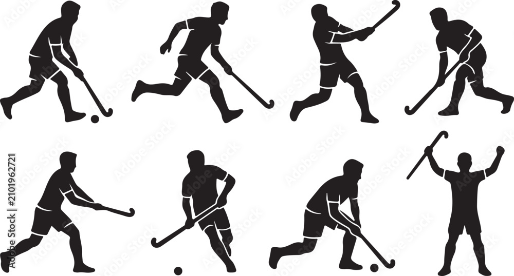 Fototapeta premium Field hockey players silhouettes in action during a match with dynamic poses on a clean background