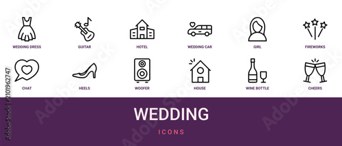 Canvastavla Set of 12 outline web Wedding icons such as cheers, wine bottle, house, woofer,