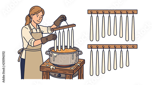 Foto Woman making candles, dipping wicks in hot wax