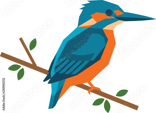 Stylized geometric illustration of a common kingfisher bird perched on a branch on white background