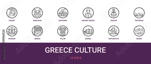 Foto Set of 12 outline web Greece Culture icons such as masks, hephaestus, barrel, pi