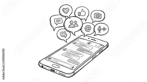 Canvastavla Hand-drawn smartphone with social media icons, black and white sketch of mobile