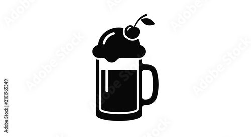 Quadro su tela Black silhouette of a beer mug with foamy head and cherry garnish on white backg