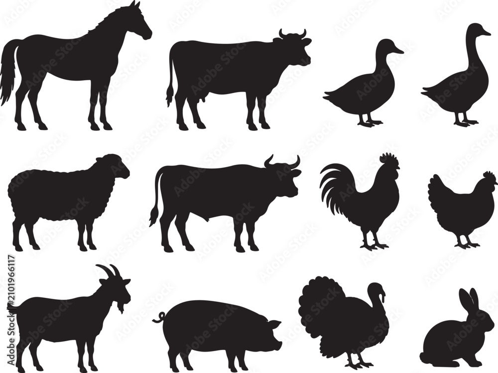 Obraz premium Set of black silhouettes of farm animals, including horse, cow, bull, sheep, goat, pig, rooster, hen, duck, goose, turkey, and rabbit